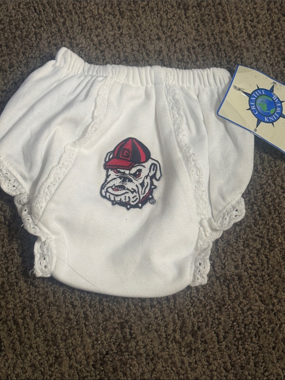 Georgia Bulldogs Baby Bloomer with Bulldog Embroidery ruffled eyelet.